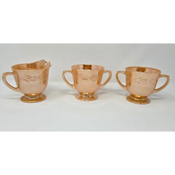 Vintage Anchor Hocking Fire King Peach Luster Laurel Leaf Cream & 2 Open Sugar - Picture 14 of 16